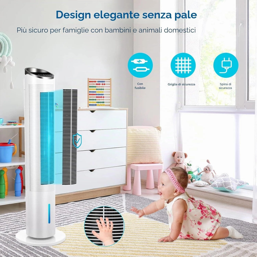 Ventilatore a Torre da 101 cm con Telecomando e Raffreddamento ad Acqua, Timer 8 Ore, Pulizia 4 In 1, con Raffreddamento, Umidificazione, Pulizia per Camera da Letto, Soggiorno, Ufficio