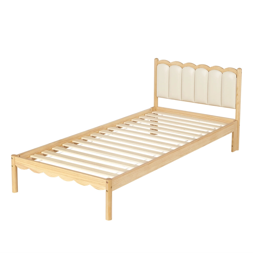 Letto per Bambini 90 x 200 cm - Testiera Imbottita in PU e Doghe in Legno - Beige