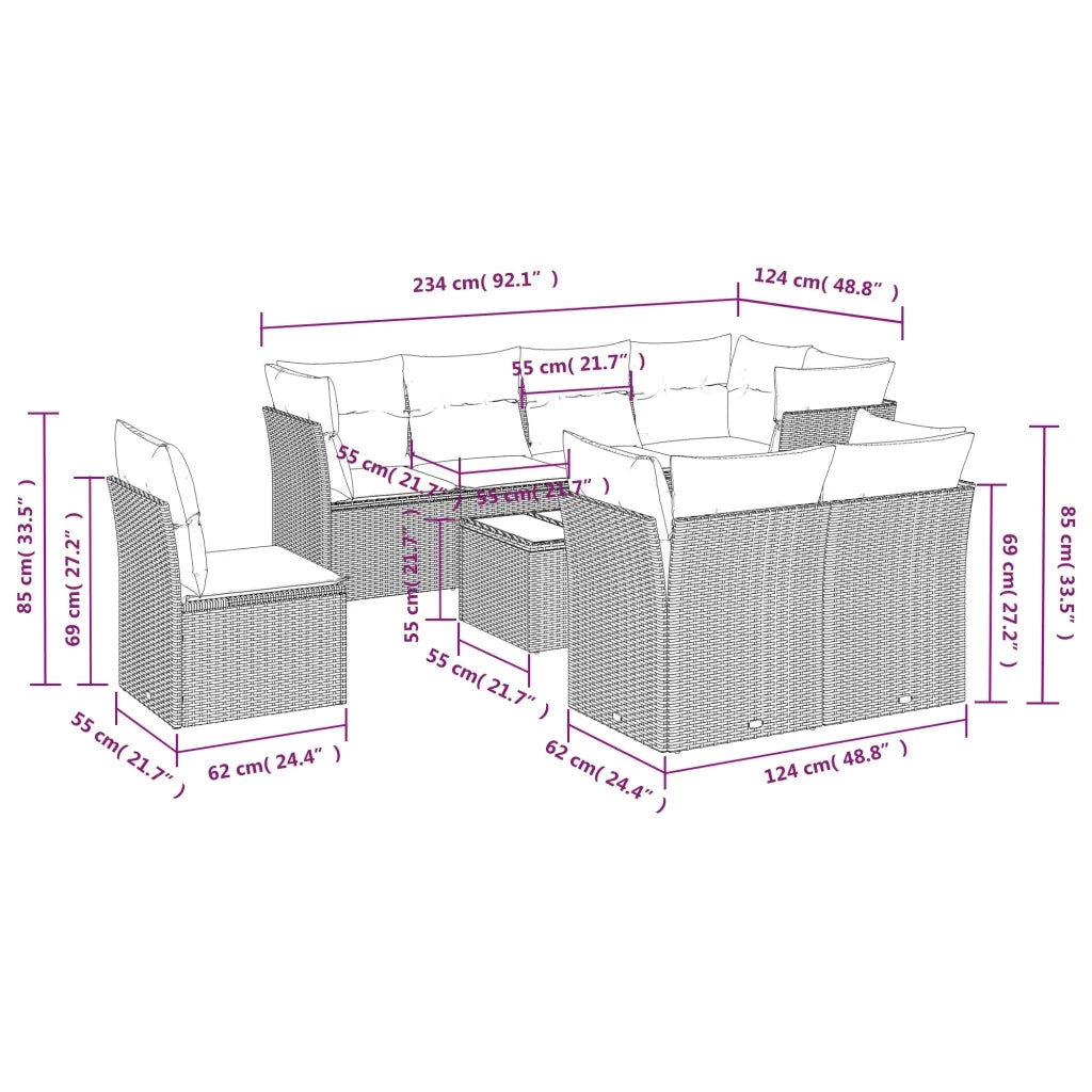 Set Divano da Giardino 9 pz con Cuscini Beige in Polyrattan