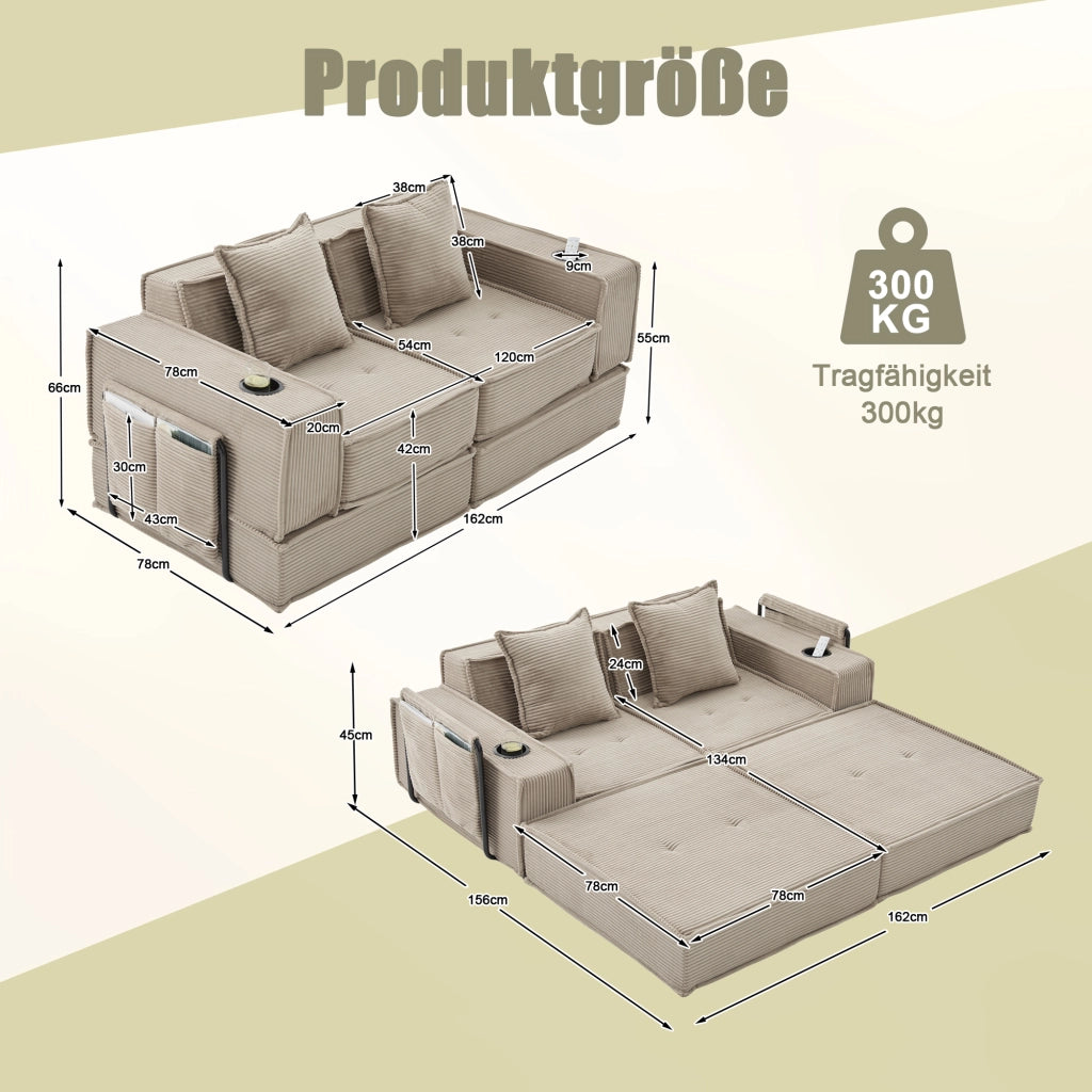 Pouf sofa modulare con tasche laterali e due cuscini in velluto a coste kaki per relax 162 × 78 × 66 cm