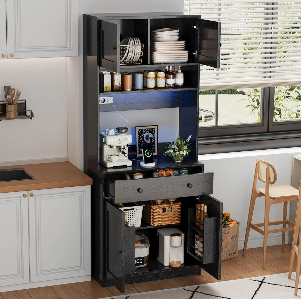 Credenza cucina multifunzione con LED RGB; prese USB e 2 prese AC; 72x40x180 cm; MDF nero