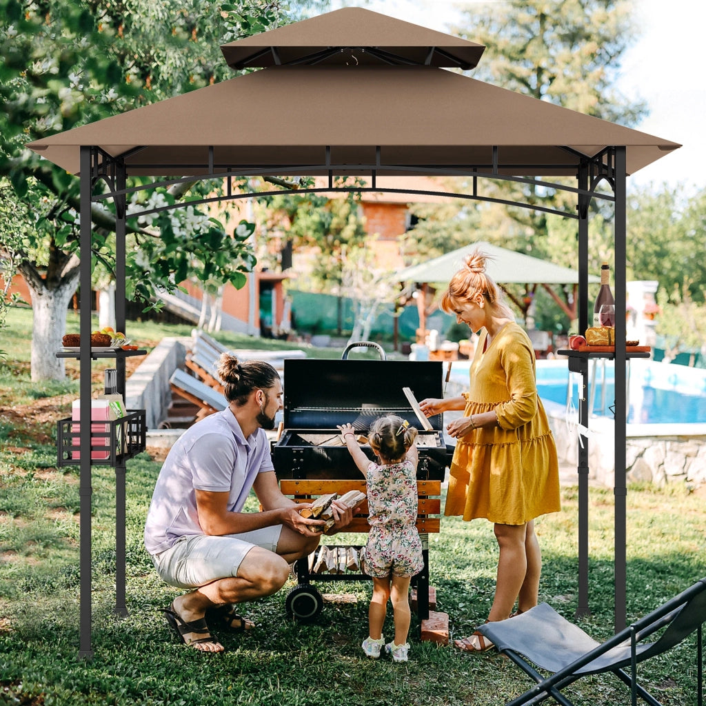 Gazebo per Barbecue da Giardino 8 x 5 Feet Marrone con 2 Ripiani Laterali e Ganci Resistente per Esterno