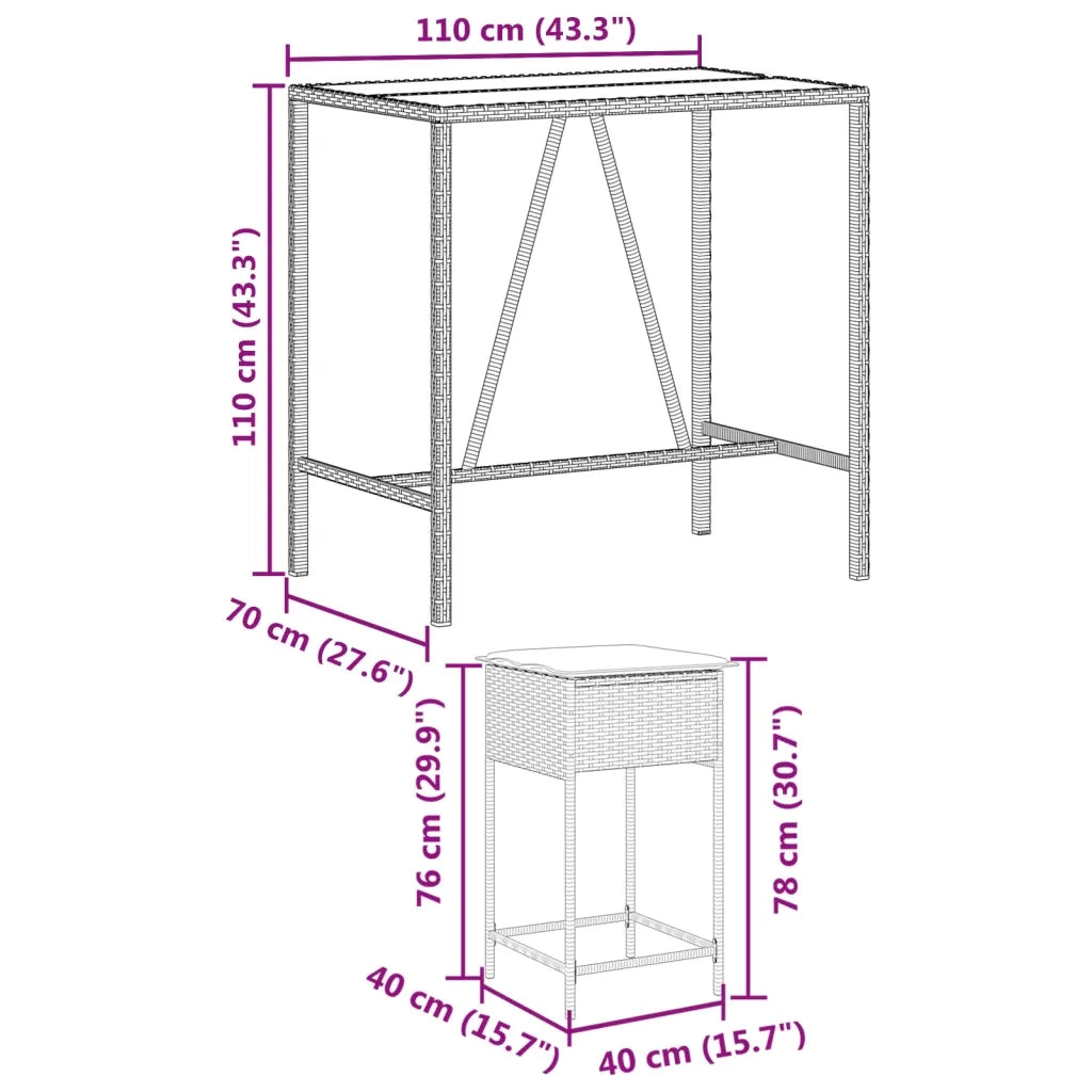 Set Bar da Giardino 7 pz con Cuscini in Polyrattan Grigio