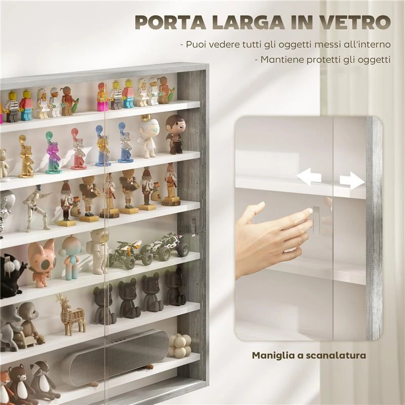 BACHECA PORTAOGGETTI A 5 RIPIANI REGOLABILI IN LEGNO CON ANTE IN VETRO, 80X9.5X83 CM, BIANCO E GRIGIO