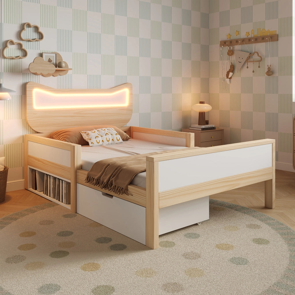 Letto per bambini 90 × 200 cm con testiera a gatto, LED RGB, cassetto e vano, senza materasso, bianco e rovere