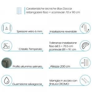 Box doccia 70x90 rettangolare fisso + scorrevole vetro trasparente 6 mm