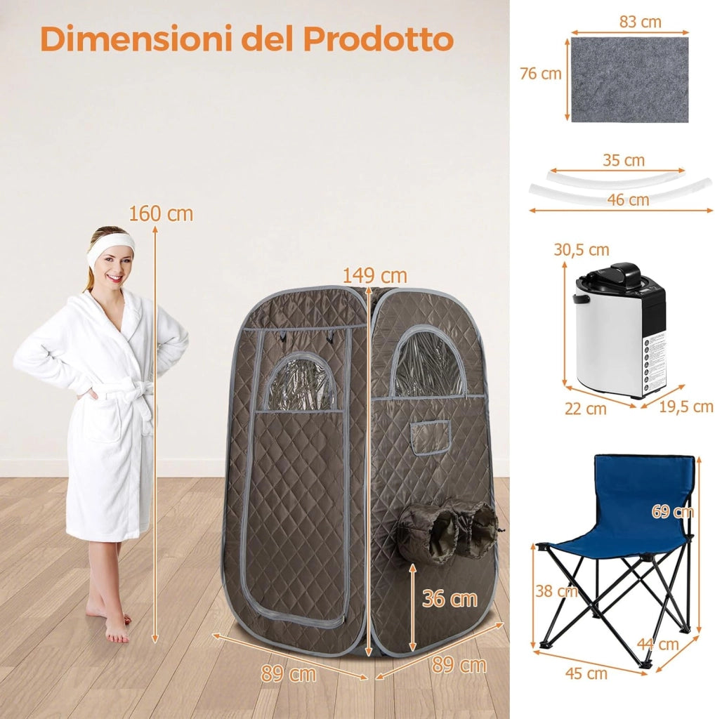Sauna a Vapore Portatile 3L, Sauna da Casa con 9 Livelli di Regolazione della Temperatura da 40-65℃, Telecomando, Sedia Pieghevole e Massaggiatore per Piedi in Legno (Grigio)