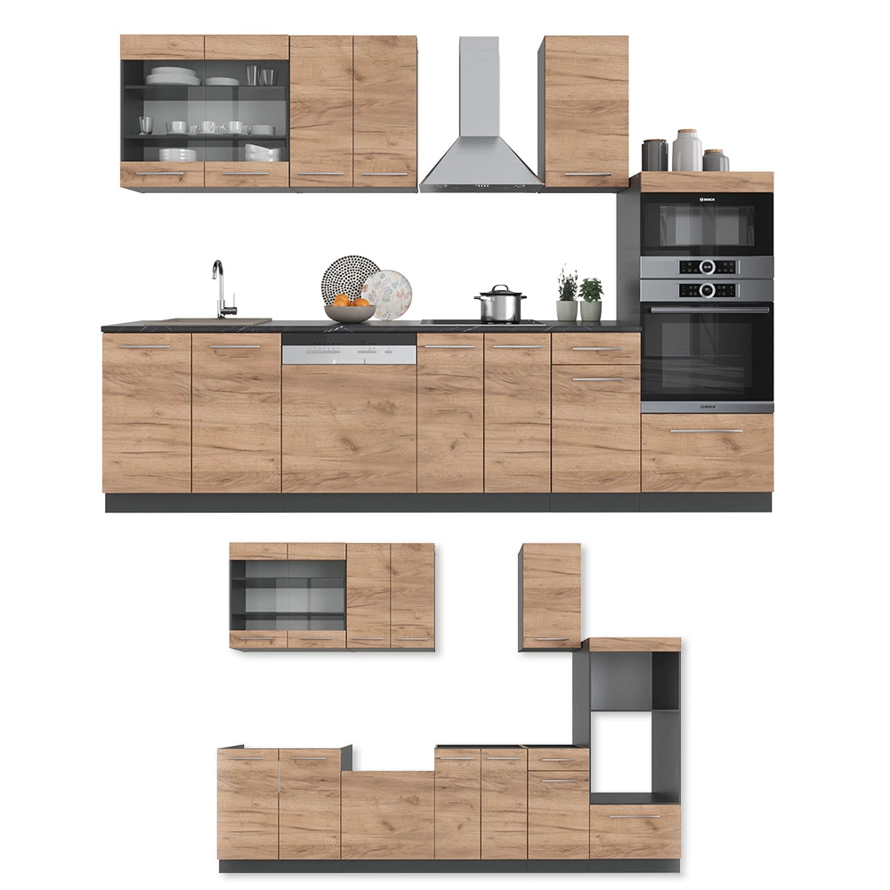 Cucina componibile Fame-Line Rovere dorato/Antracite 300 cm con armadio alto, PL Antracite Vicco