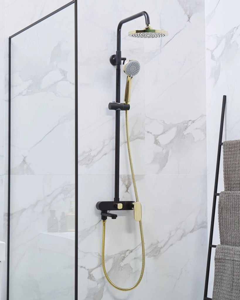 Moderno Set Colonna Doccia da Muro con Soffione a Pioggia in Ottone Nero Opaco ed dorato