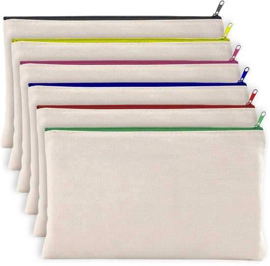Set di borse di tela per disegno e pittura con 6 borse vuote con cerniera per bambini, scuola, hobby e viaggio (21 x 12 cm)