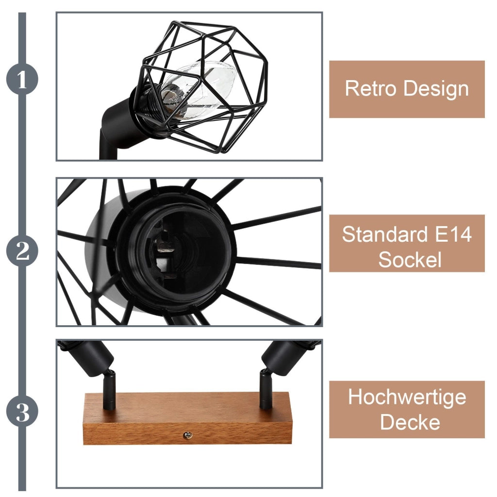 ZMH Faretto da soffitto neri 2 luci E14 legno metallo vintage rotativi 350° max 25W per cucina soggiorno