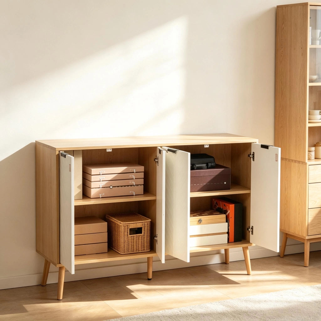 Credenza a 4 ante con 1 vano aperto e ripiano regolabile, per soggiorno, in truciolare bianca, 120 × 35 × 77,4 cm