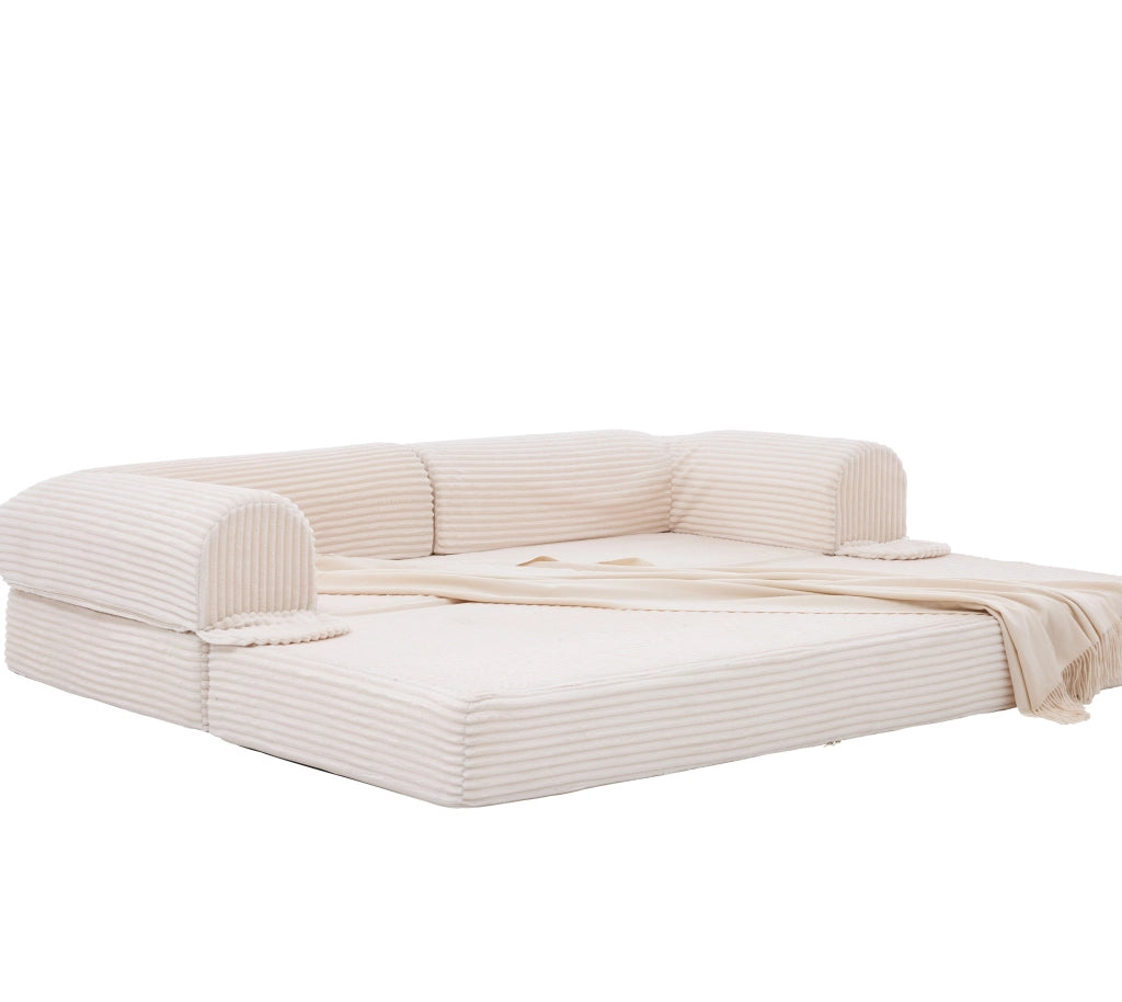 Divano letto 2 posti convertibile in stile futon, in tessuto a coste beige, salvaspazio per soggiorno e ospiti