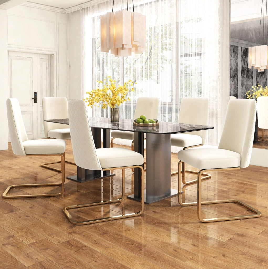 Set di 4 sedie da pranzo in velluto beige con schienale a rombi e gambe in metallo