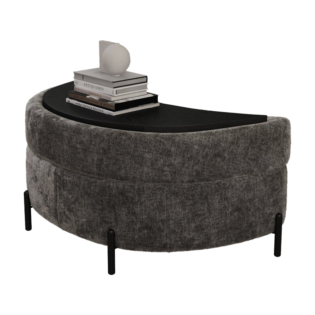 Pouf Contenitore Mezzaluna con Vassoio ¨C MINIMAL ¨C Tessuto Chenille, Grigio, Poggiapiedi