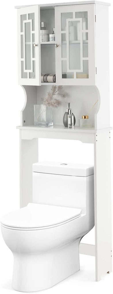 Mobile Lavatrice Salvaspazio 3 Livelli, Scaffale Portaoggetti con Ripiano e Ante in Vetro Temperato, Bianco, 170,5x60x21,5cm