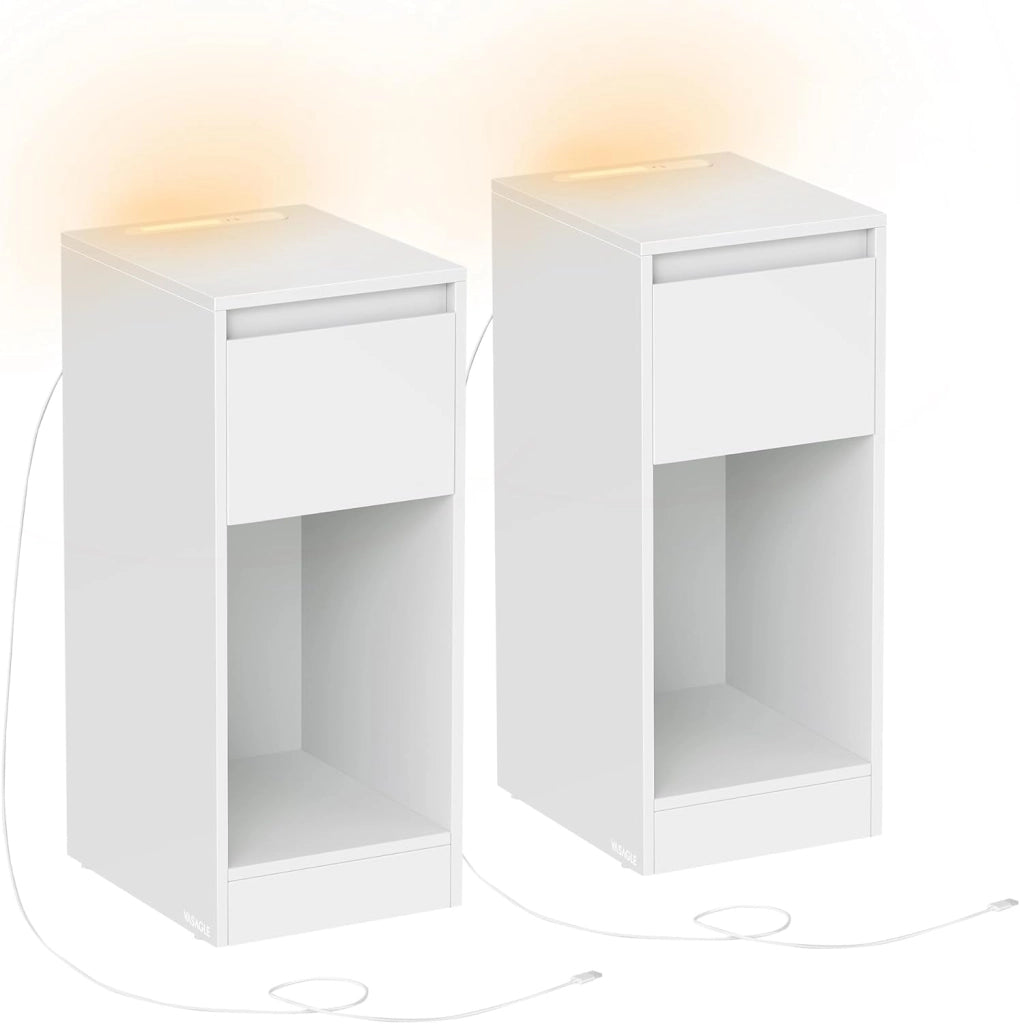 VASAGLE Comodino sottile con stazione di ricarica e luce LED, set di 2 tavolini laterali stretti, porte USB, cassetto e scomparto aperto, per camera da letto, soggiorno, bianco nuvola LET710W01