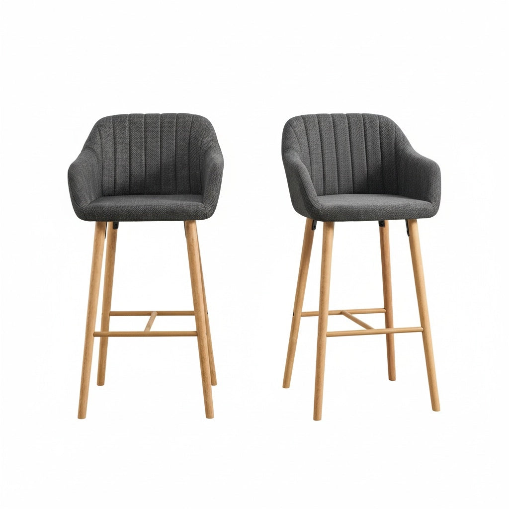 Sgabelli da bar contemporanei - Xylo - Schienale alto, braccioli, sedute in lino, gambe in legno