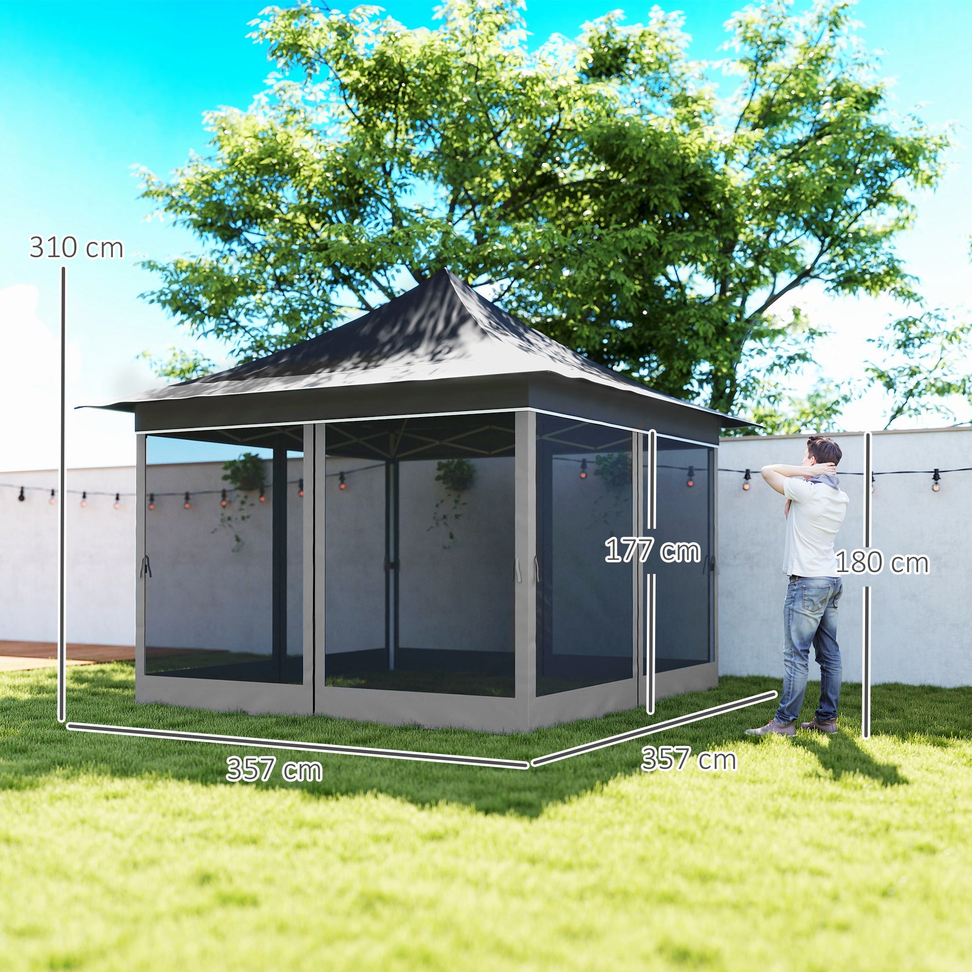 Gazebo da Giardino Pop Up 357x357x310 cm Altezza Regolabile e Zanzariere Grigio Scuro