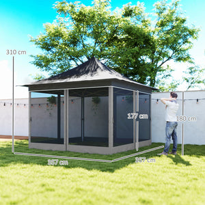 Gazebo da Giardino Pop Up 357x357x310 cm Altezza Regolabile e Zanzariere Grigio Scuro