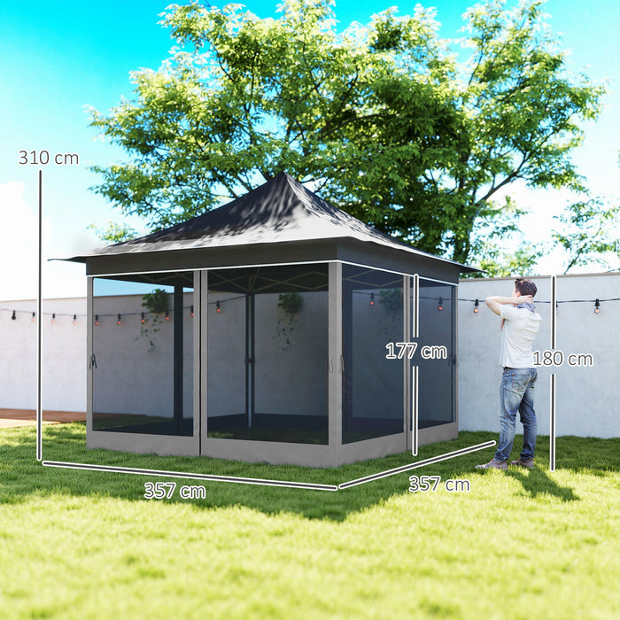 Gazebo da Giardino Pop Up 357x357x310 cm Altezza Regolabile e Zanzariere Grigio Scuro