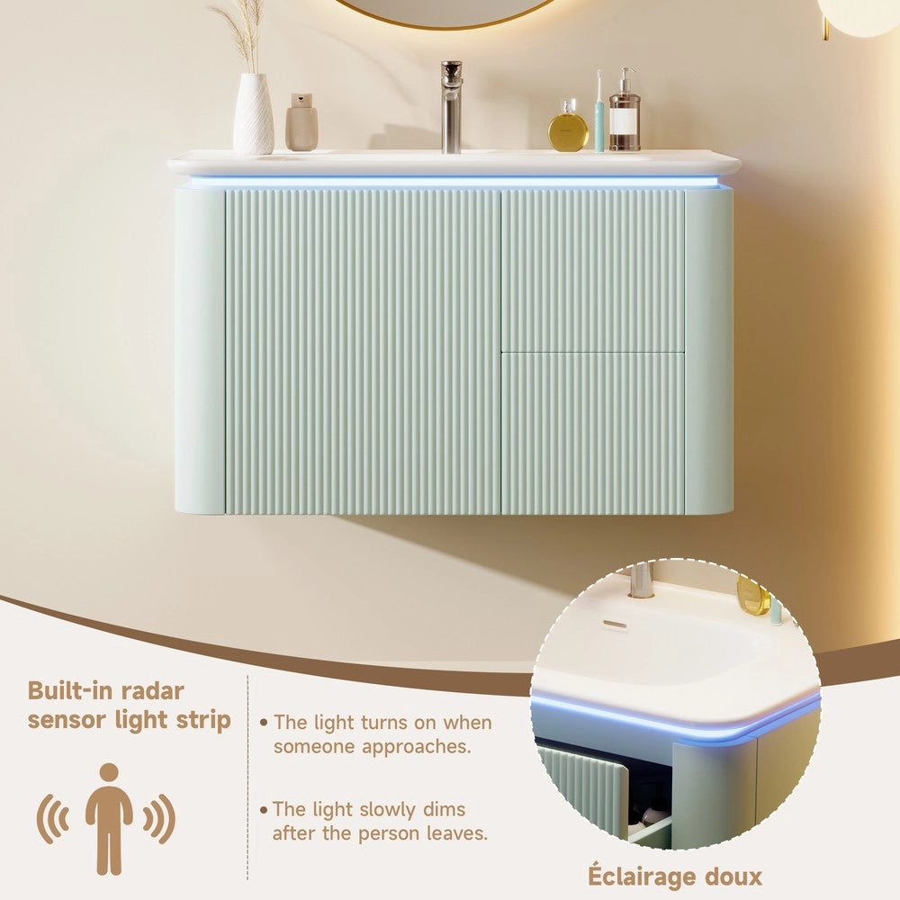 Mobile Bagno Sottolavabo Sospeso con Cassetto e LED ¨C Xylo ¨C Verde 80.5x47.5x51