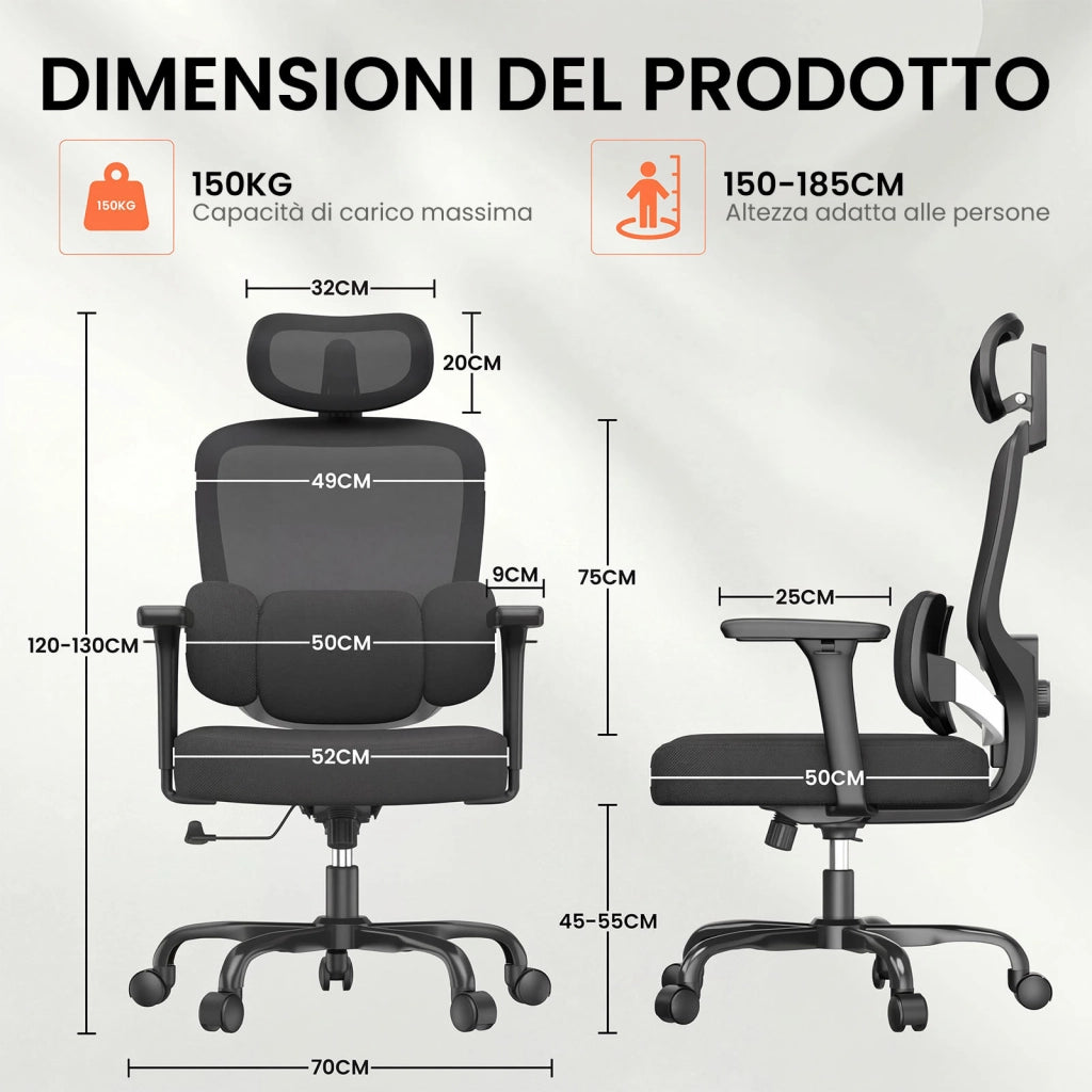 Sedia da ufficio ergonomica con supporto lombare regolabile, braccioli ribaltabili, base girevole per il gaming e portata massima di 150 kg.