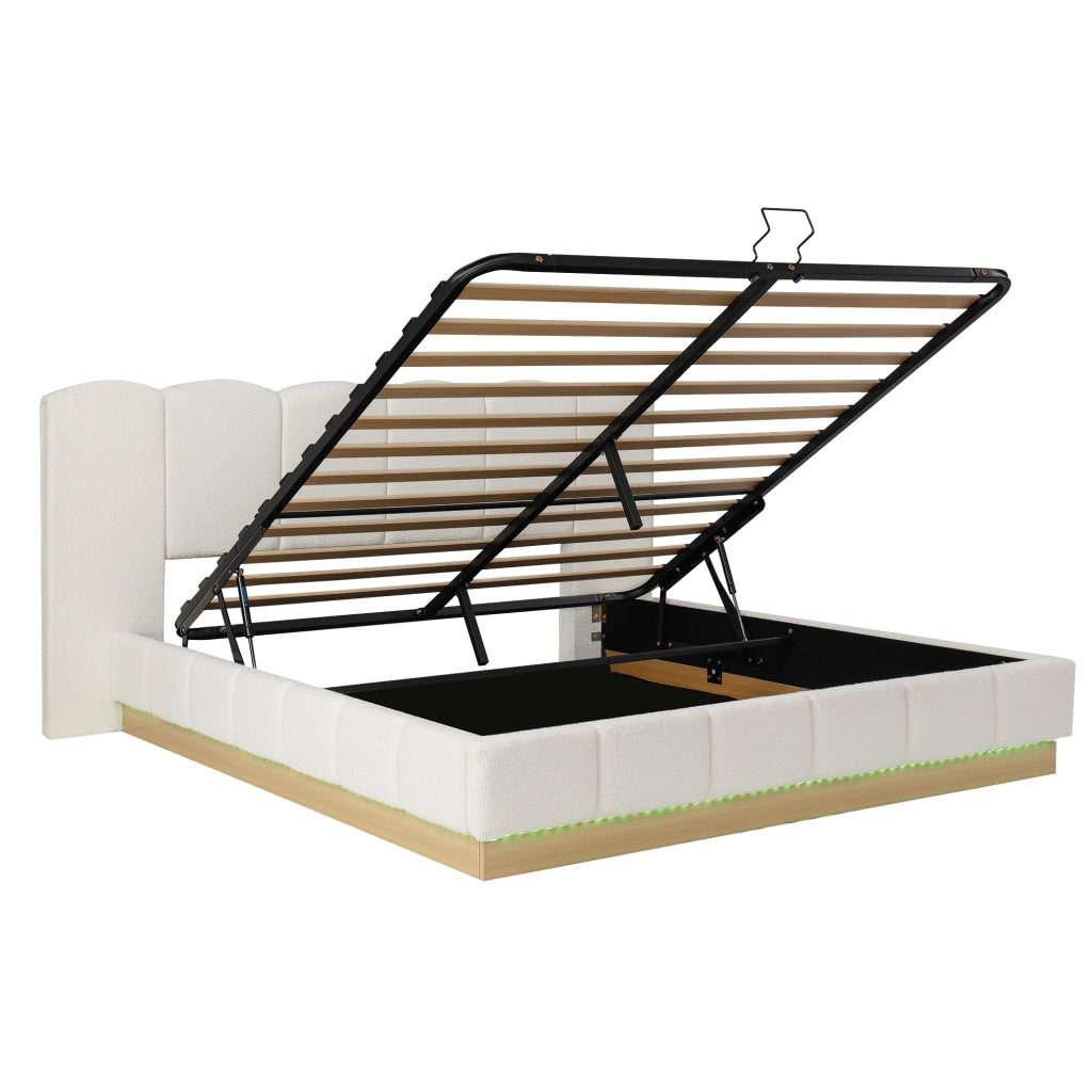 Letto Contenitore 180x200 cm con LED; Rete e Testiera Imbottita in Bouclé Bianco