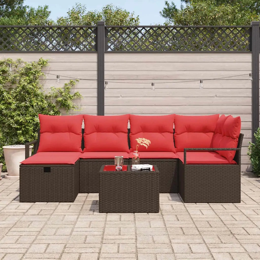Set di divani con cuscino 7 pcs Marrone e Rosso polyrattan