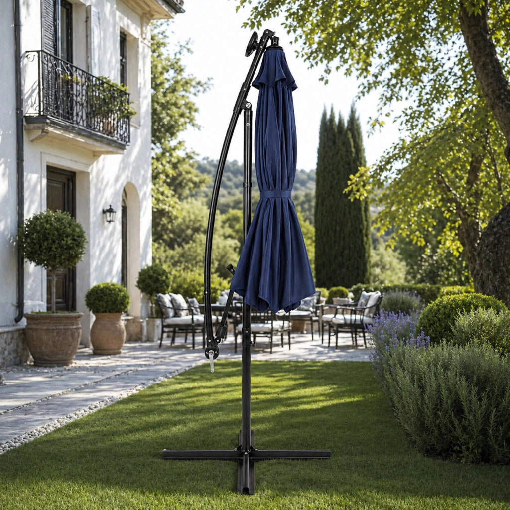 Ombrellone Decentrato Con Braccio Laterale Apertura A Manovella Telo Impermeabile UV30+ Camino Ventilazione Da Esterno 3 x 3 x 2.5 M Blu Navy