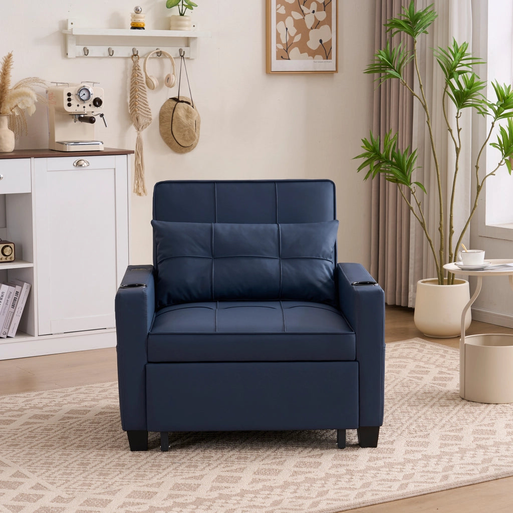 Poltrona letto singola 3 in 1 estraibile con USB e portabevande; blu; legno e metallo