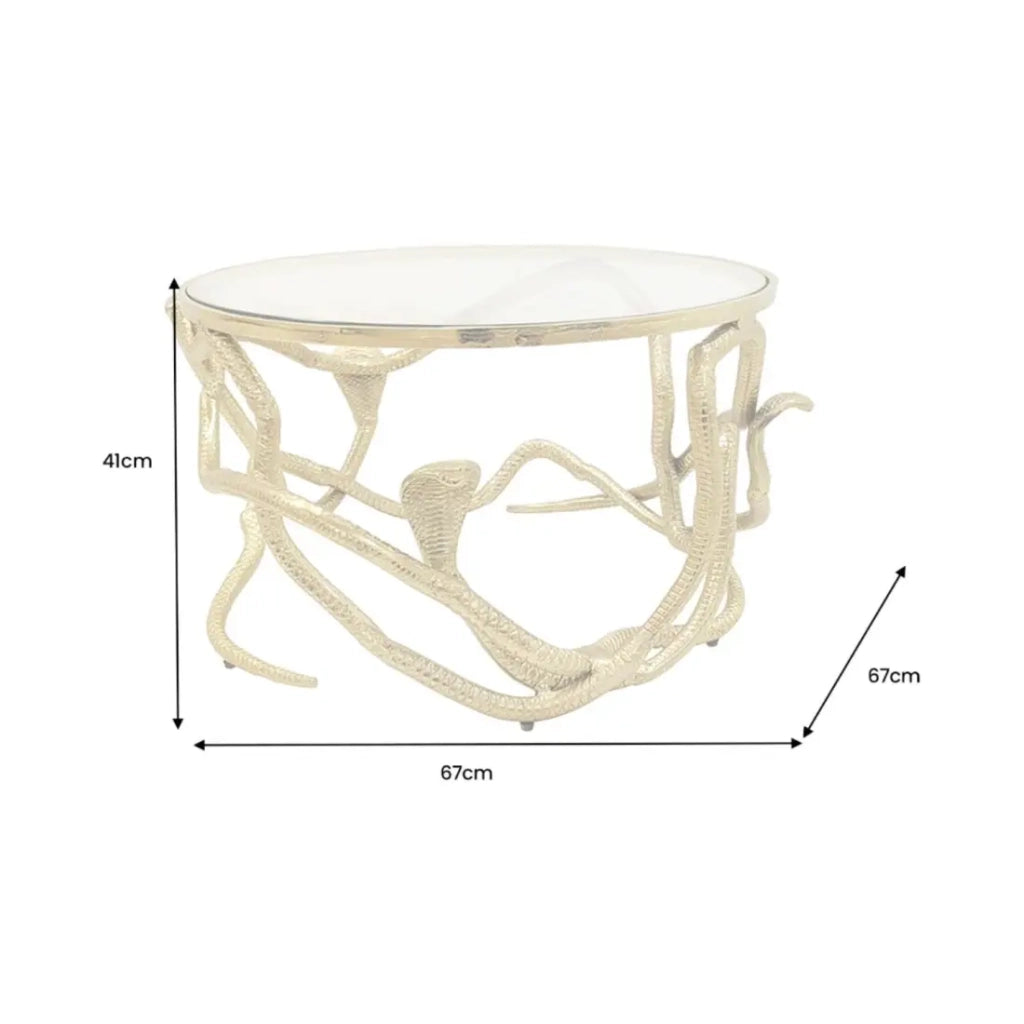 Tavolino basso VIPEREA rotondo 67 cm dorato con serpenti in alluminio e vetro temperato
