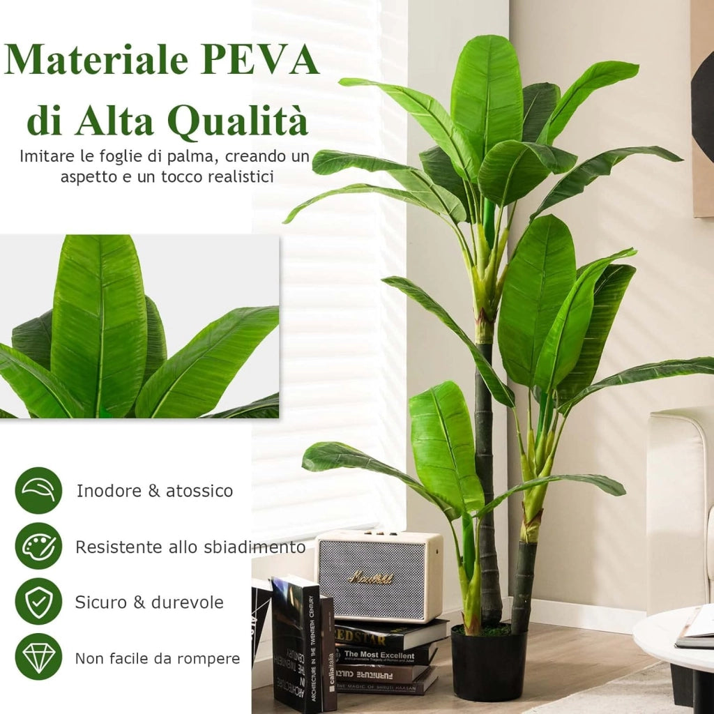 Pianta Finta Artificiale da 150 cm, Albero di Areca Artificiale con Supporto in Cemento, 18 Foglie in Plastica PE e 3 Rami, Ideale per Casa, Negozio e Ufficio, Verde