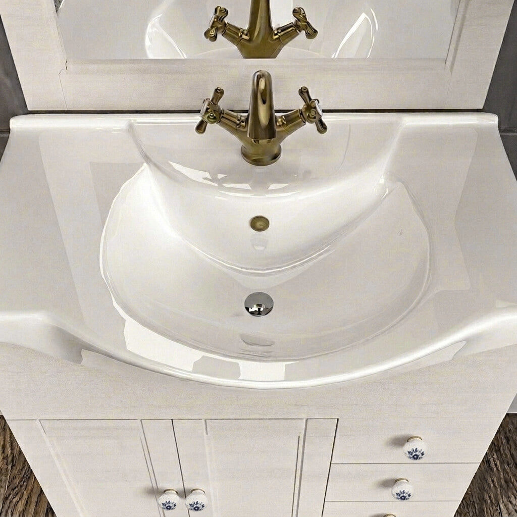 Mobile bagno a terra 75 cm bianco decape con lavabo e specchio Romantica