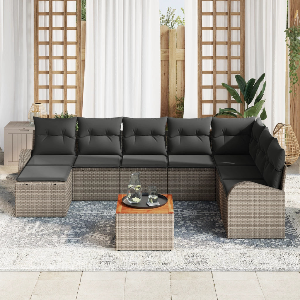 Set di divani da giardino da 9 pezzi con cuscini Grigio Polirattan Acacia