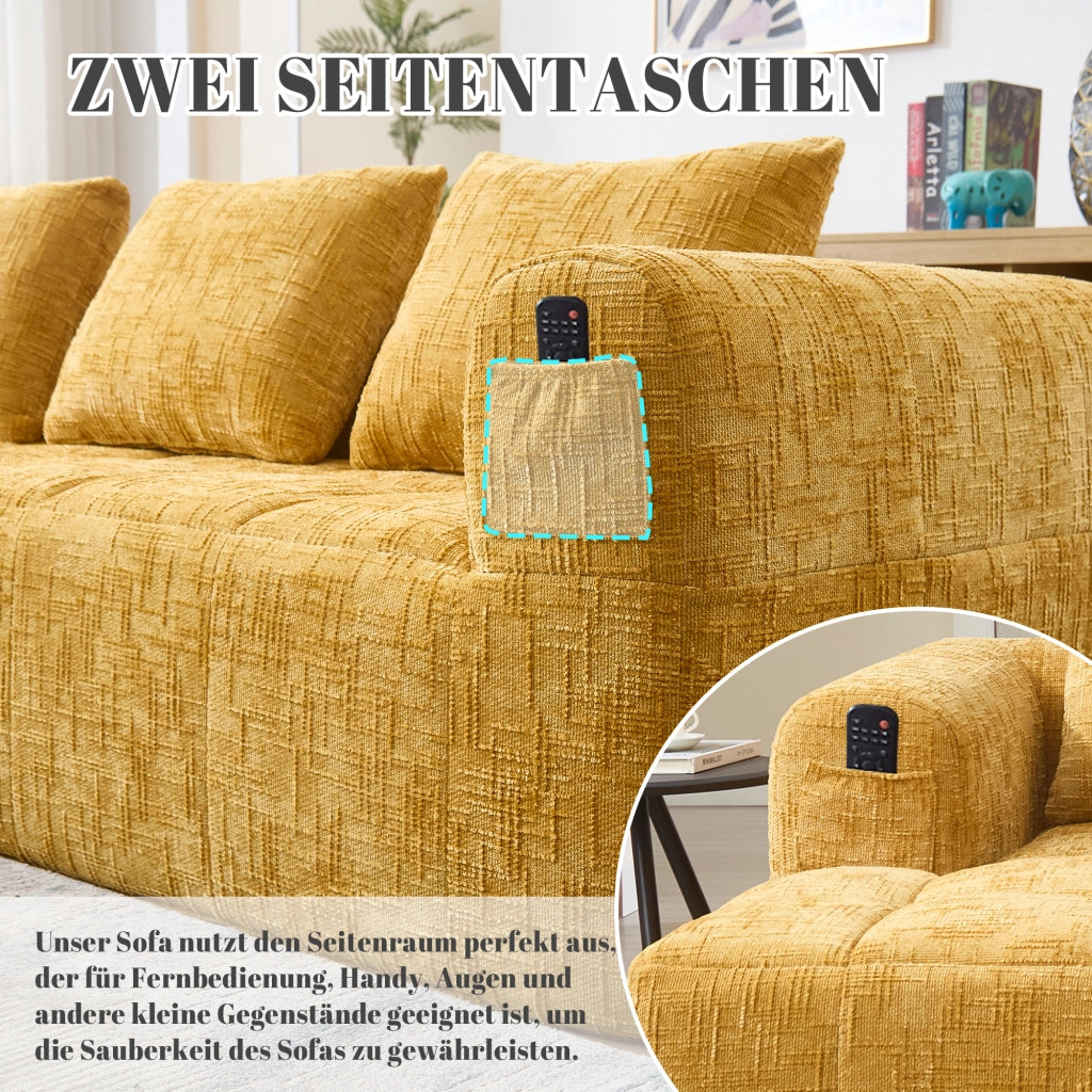 OKWISH Divano ad Angolo 3 Posti, Modulare con Chaise Longue e Tasche Laterali, Ciniglia, Giallo, 250 × 158 × 60 cm