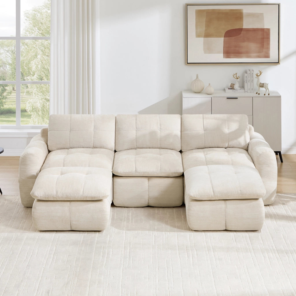 Divano modulare senza struttura con seduta ergonomica e montaggio libero con due pouf in chenille beige
