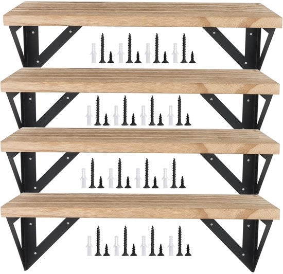 Set di mensole da parete per libri da 4 - Mensole da parete in legno rustico - Supporti in acciaio - 42 x 15 x 1,5 cm - Sostenibile e solido