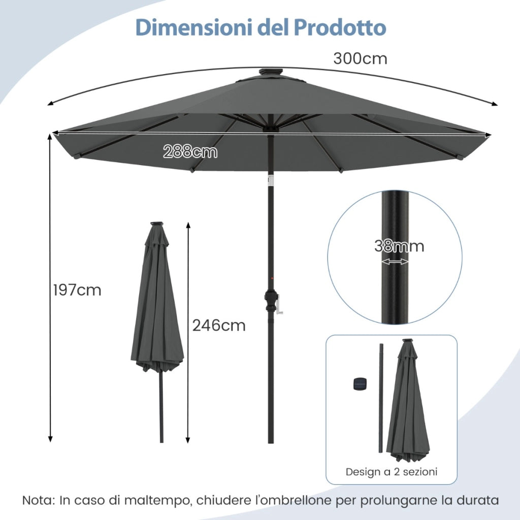 3M Ombrellone da patio solare con 96 luci LED e 9 modalit¨¤, Parasole da mercato pesante per giardino e spiaggia Grigio-Ombrelloni