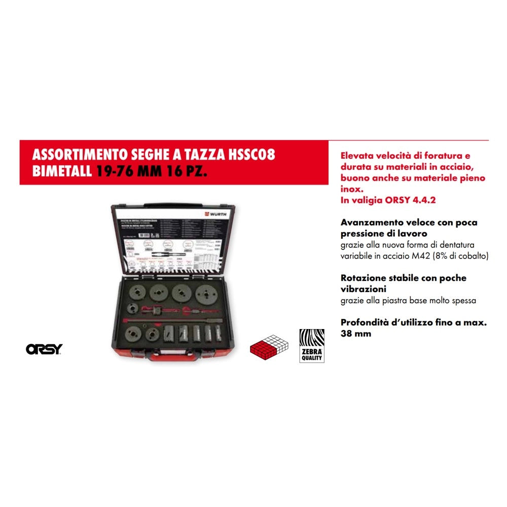 Assortimento di 16 seghe a tazza hssco8 dalla 19 alla 76 mm per utilizzo professionale