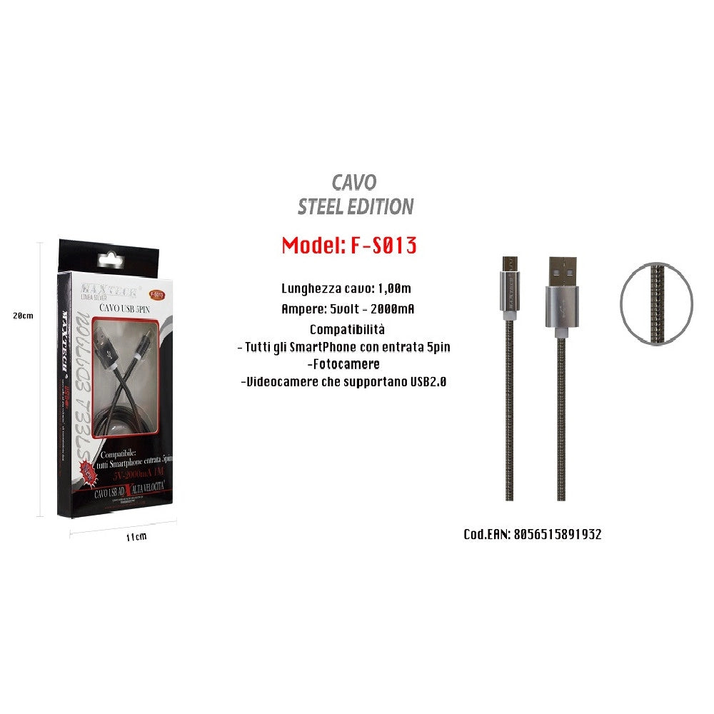 Trade Shop - Cavo Usb Steel Edition X Smartphone 5 Pin 5volt - 2100ma 1,0 Mt Maxtech F-s013 -