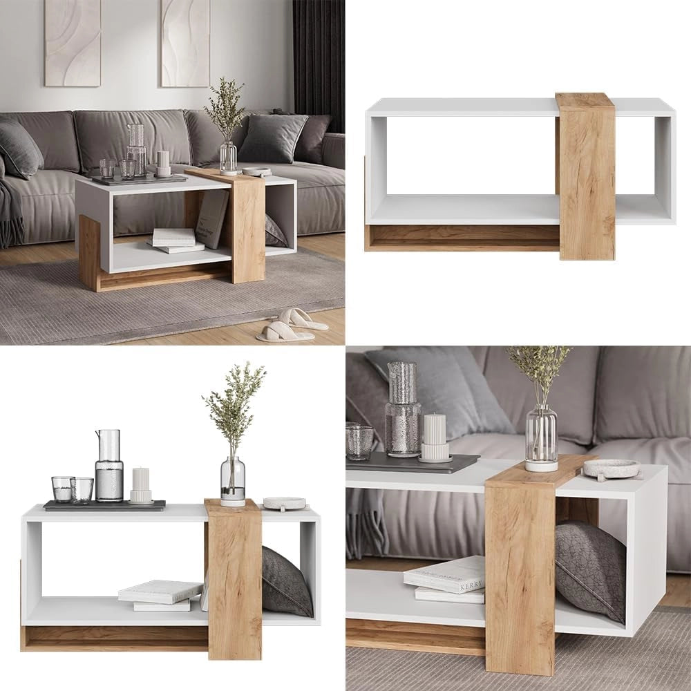 Tavolino Aven, Rovere bianco/dorato, 91.8 x 49 cm, con ripiano aperto per la conservazione di oggetti di uso quotidiano