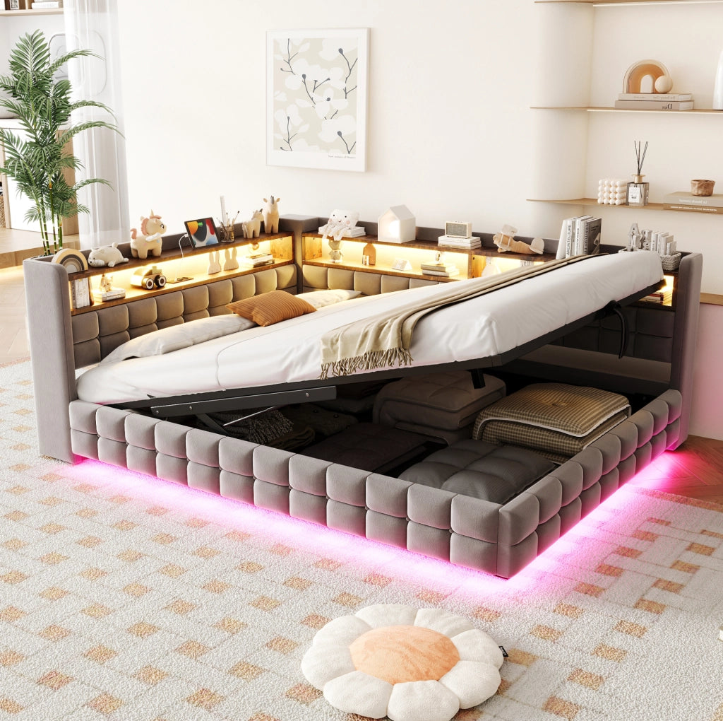 Divano letto imbottito 217x155.5x85 cm con vano contenitore; prese; LED; legno; grigio chiaro