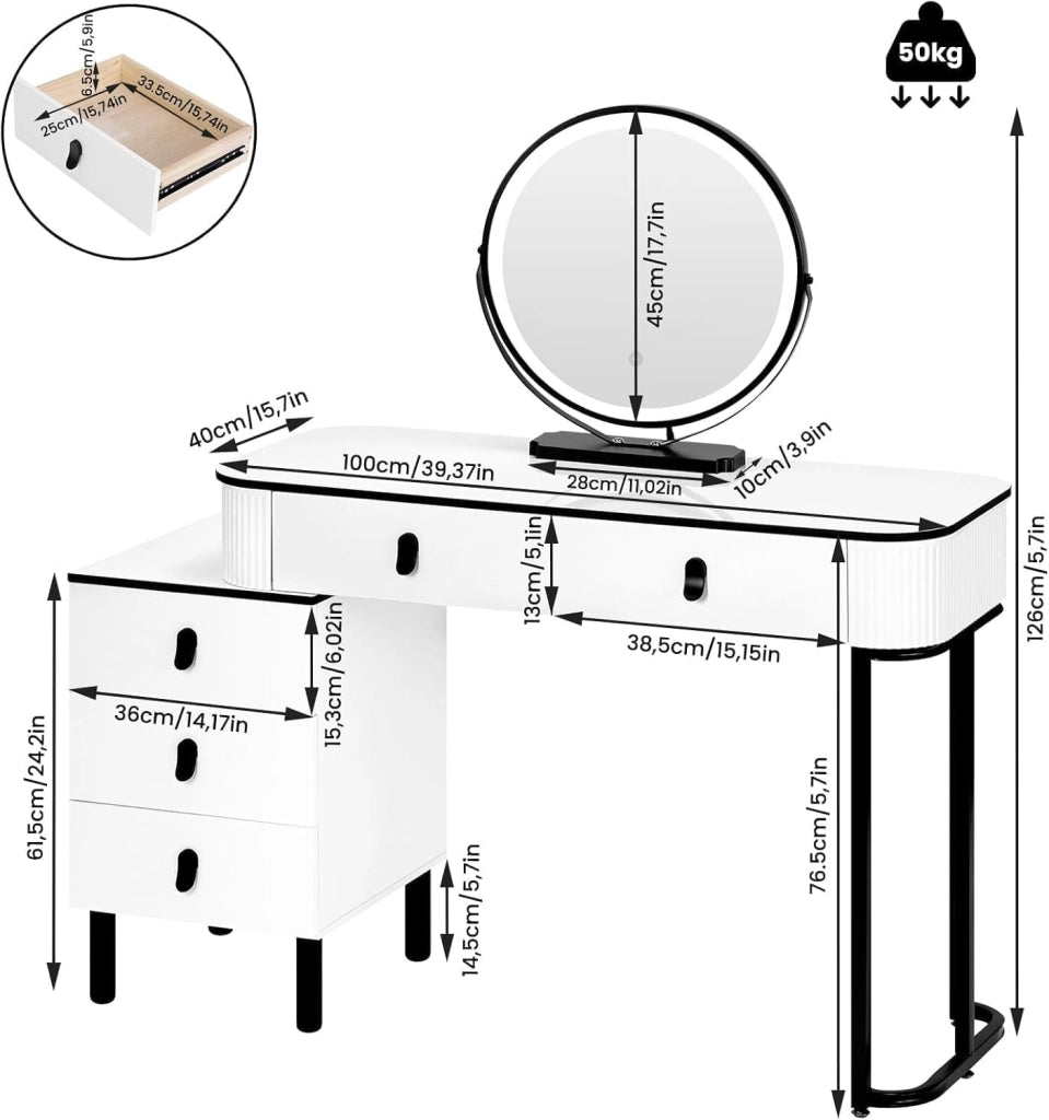Toeletta da Trucco con Luci, Tocador de Maquillaje, Tavolo da Trucco con 5 Cassetti in Legno Massiccio, Montaggio Flessibile, 100x40x125 cm, Moderno, Bianco+Nero