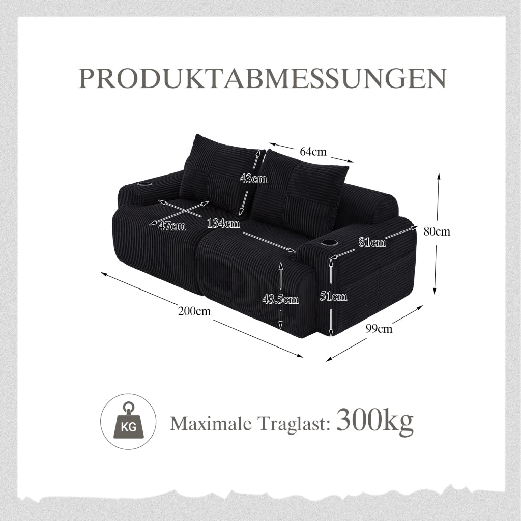 Divano modulare a 2 posti con portabicchieri e tasca laterale con imbottitura ergonomica in tessuto a coste nero