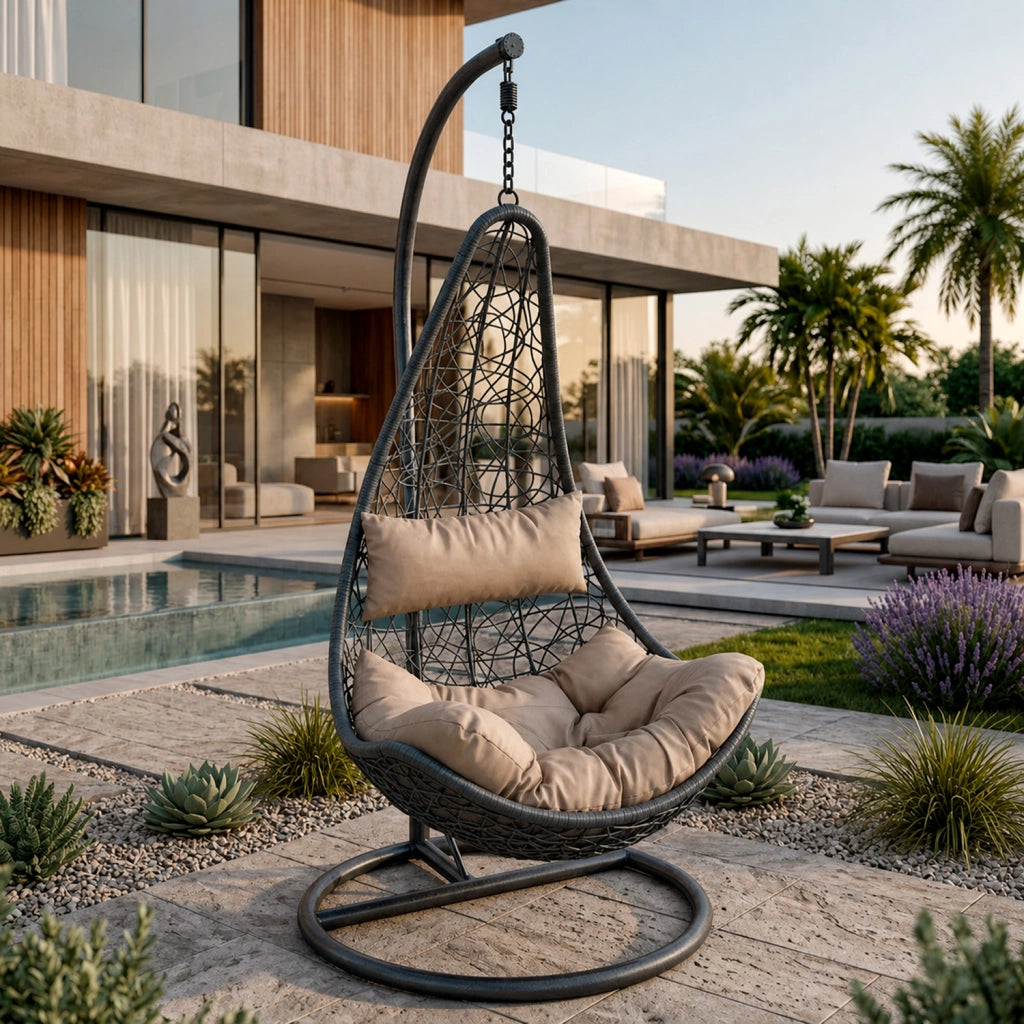 Poltrona Amaca Sospesa Con Telaio Indipendente In Metallo Seduta Ergonomica In Polyrattan E Cuscino Morbido Con Appoggiatesta Arredo Relax Per Giardino Patio Terrazzo 105 x 195 Cm Nero E Beige