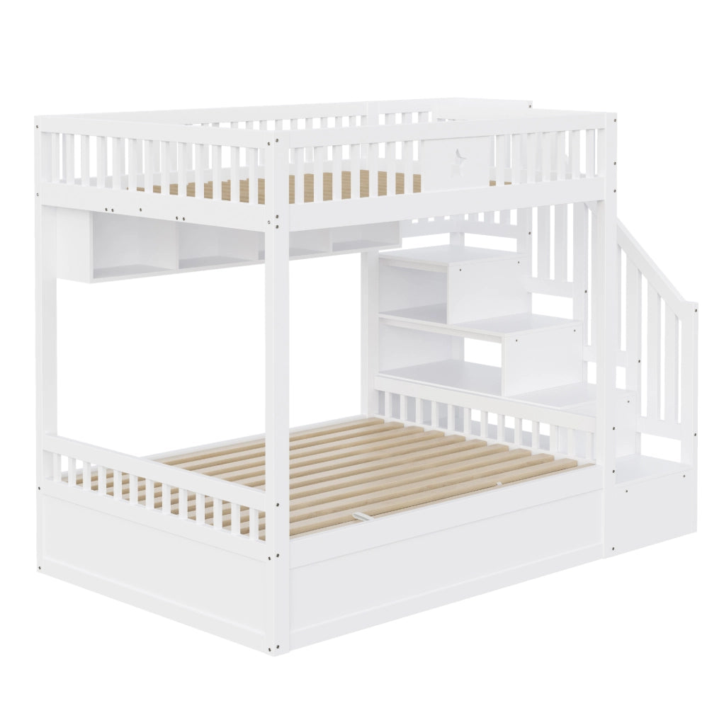 Letto a castello ULEVR 140x200 cm con letto inferiore idraulico, scala contenitore e ripiani, bianco