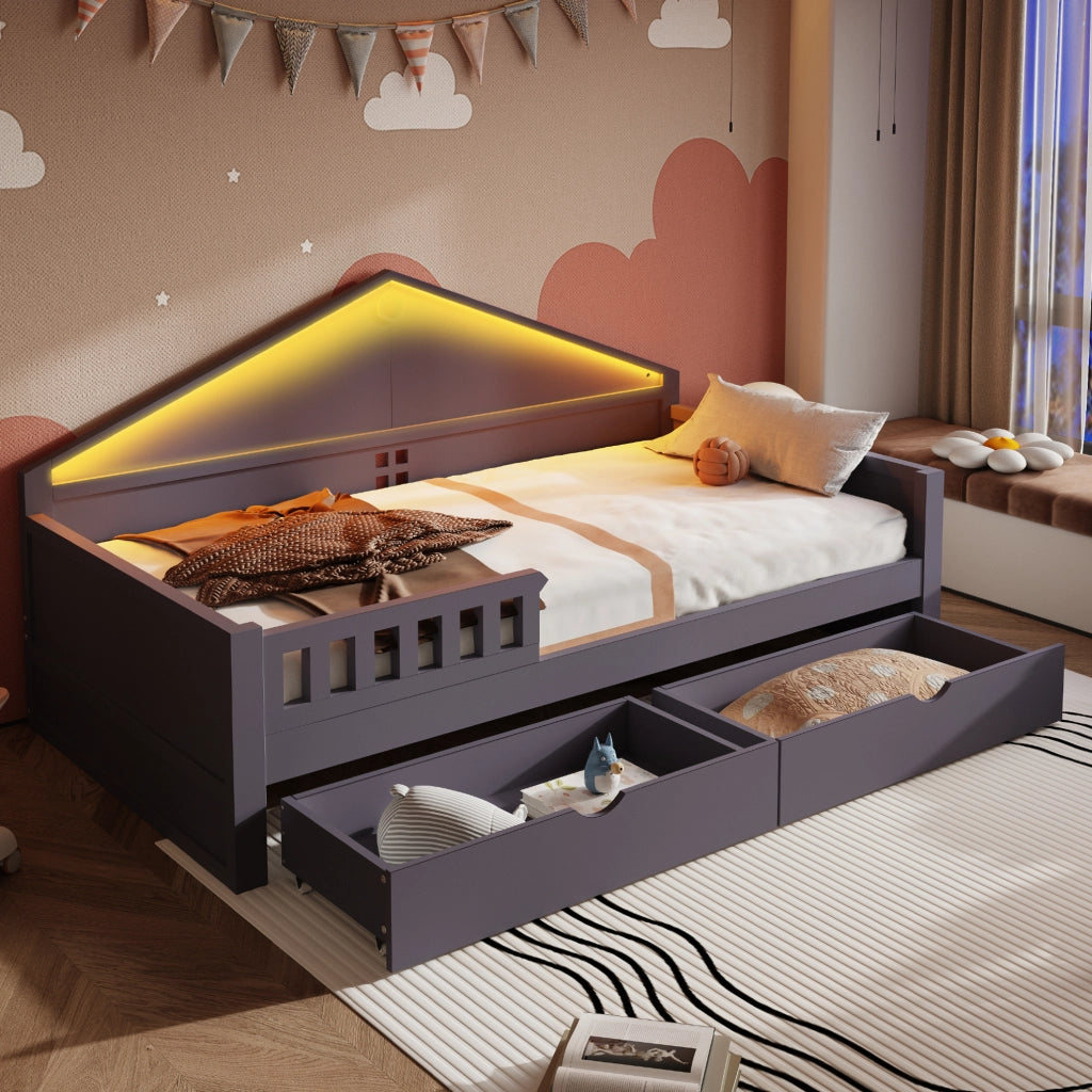 Letto singolo multifunzione 90x200 cm con LED e 2 cassetti; grigio in legno e MDF
