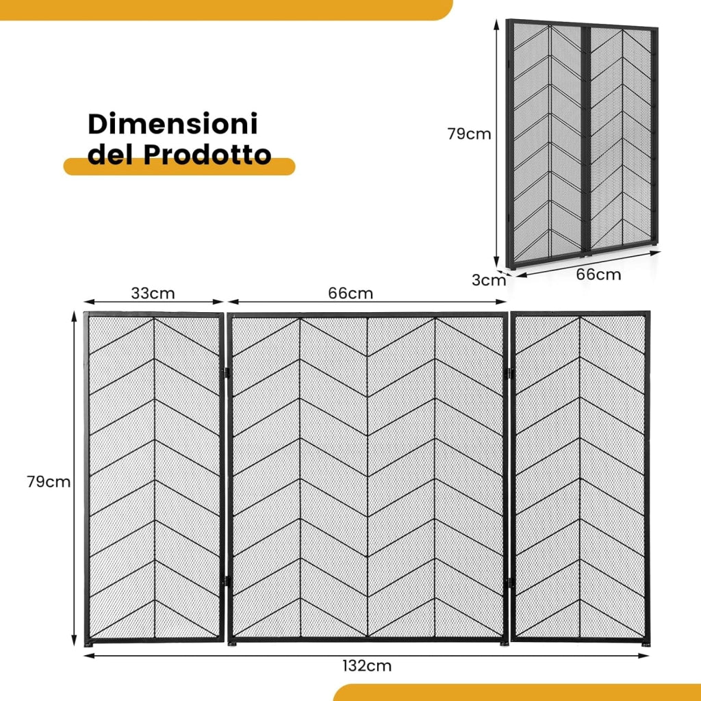Parascintille per Camino 132 x 79 cm, Paraschizzi Camino Pieghevole a 3 Pannelli con Motivo Bello, Barriera Protettiva Robusta in Metallo per Camino (Stile 2)