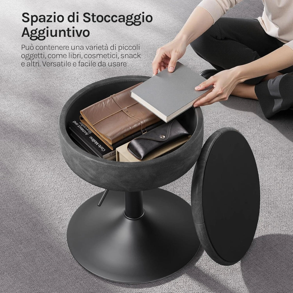 Sgabello da Trucco Girevole, Sedile Regolabile in Altezza, Sedia da Bar Rotondo con Contenitore, Pelle sintetica vintage, Base in Metallo, per Cucina, Soggiorno, Antracite, BH439an-1